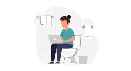 Illustration of a person working remotely on a laptop in a bathroom, symbolizing flexible work and a modern digital lifestyle.
