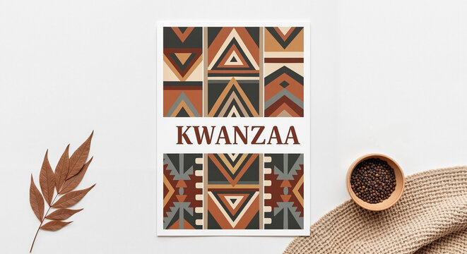 Kwanzaa poster with colorful geometric patterns and neutral background  
