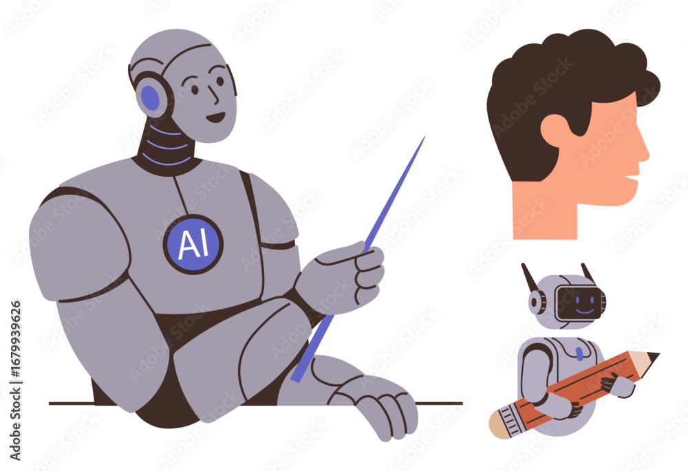 Poster ai robot presenting with a pointer, human head profile, and supportive robot assistant holding penci