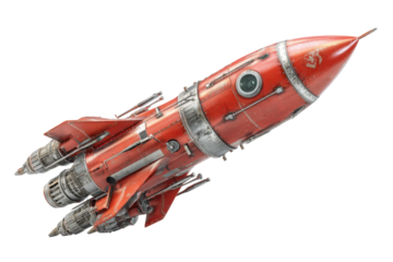 Vintage Red Rocket Ship on Transparent Background
