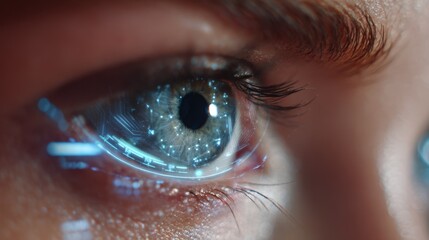 Medium shot highlighting smart contactlens HUD interface tracking eye movement with clear luminous graphics and an indistinct outoffocus environment enhancing tech appeal.