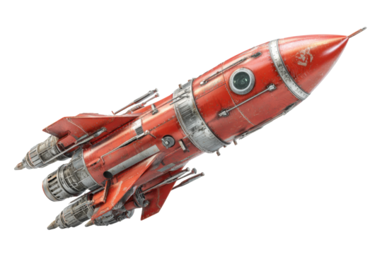Vintage Red Rocket Ship on Transparent Background