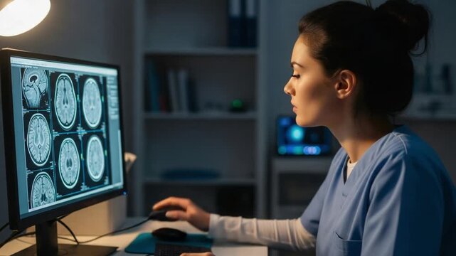 Doctor Analyzing Brain Scan on Computer Screen in Dark Office Setting