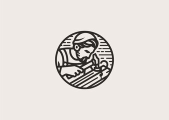 A carpenter line art logo, representing craftsmanship, precision, and dedication to traditional woodworking