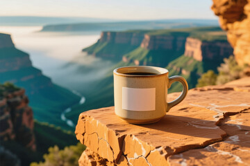 A beige mug filled with coffee sits on a rocky ledge overlooking a vast canyon landscape under a clear sky.