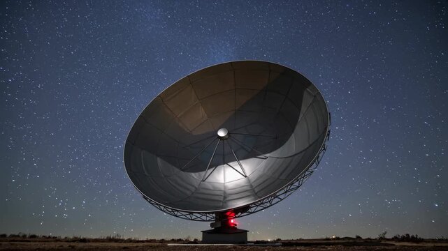 Looping Animation of a Large Paraboloid Antenna Under a Star Filled Night Sky, Capturing Celestial Data in a Remote Location