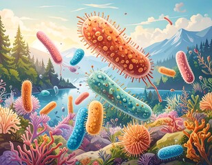Colorful bacteria illustrations populate a vibrant natural scene, showcasing a diverse array of microorganisms against a backdrop of serene mountains and a tranquil lake.