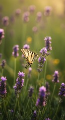 Fototapeta premium Macro vertical shot of a butterfly landing on a blooming lavender flower, natural sunlight and bokeh effect, nature and biodiversity concept