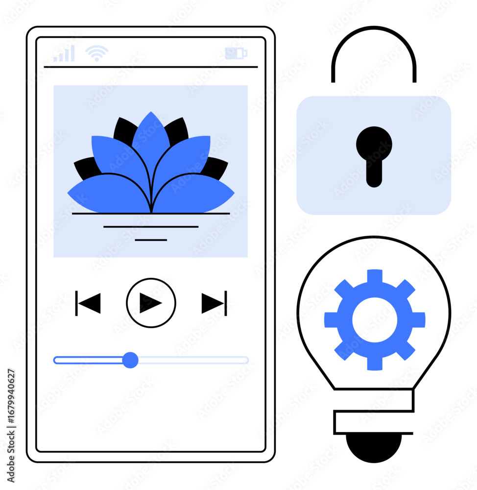 Poster smartphone screen with playback controls and lotus icon, next to secure lock and light bulb featurin