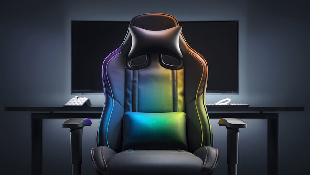 Gaming chair with colorful lighting in front of a desk with a monitor, keyboard, and mouse.