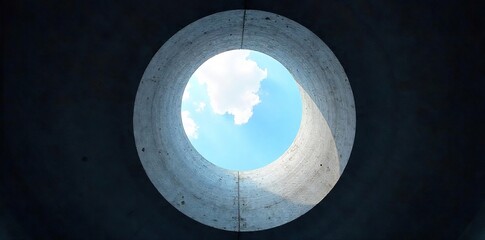 Intriguing overhead shot of a circular light hole piercing a dark ceiling, revealing a bright sky beyond Perfect for architectural, design, and abstract concepts , freedom, opening, sky