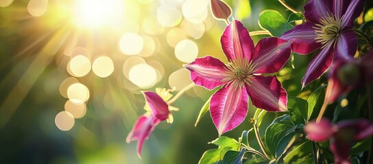 Sunlit garden featuring stunning clematis flowers. 