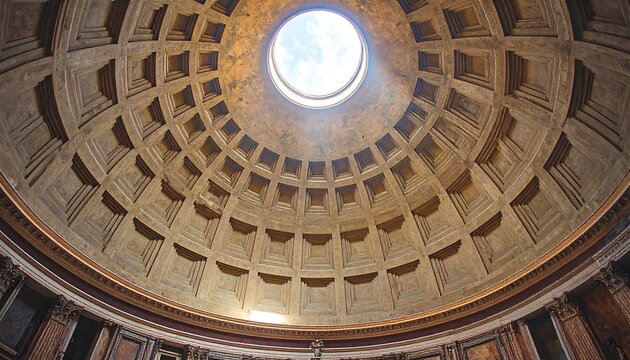 A detailed view of the intricate, geometric patterns adorning the dome's interior, with sunlight piercing the central opening, showcasing the architectural grandeur.