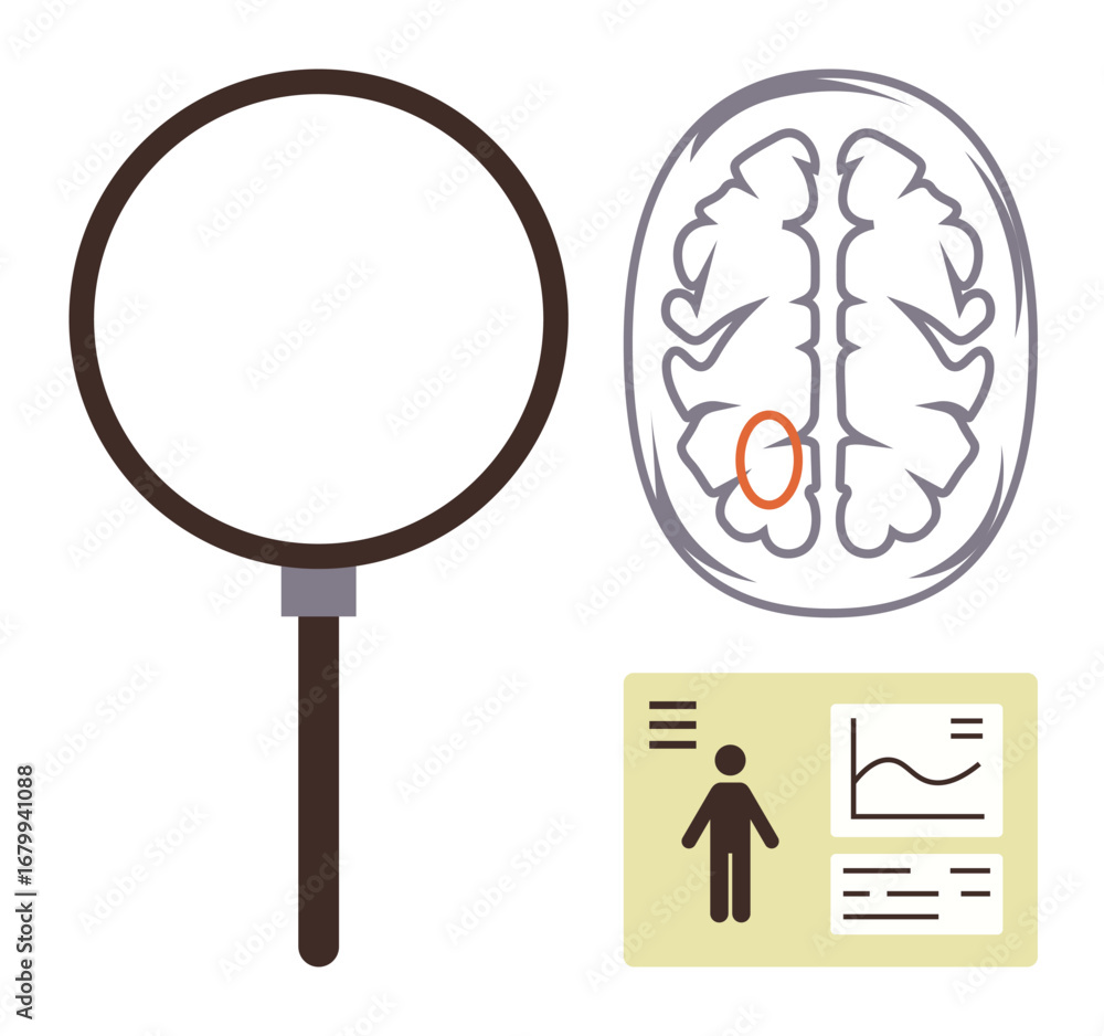 Aufkleber magnifying glass analyzing brain area with graphical report showing human data and trends. ideal for