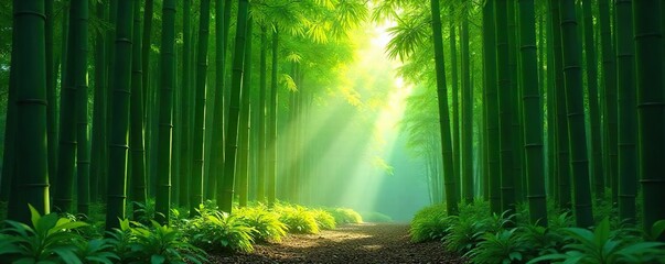 Lush green bamboo forest, sunlight filtering through tall stalks, creating dappled shadows on the forest floor Perfect for nature, tranquility, and serenity themes , calm, sunlight