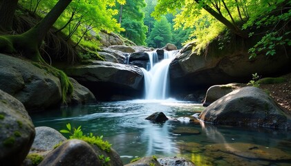 Serene creek cascading down rocky waterfall, lush green foliage surrounds the tranquil scene, sunlight dappling the water Perfect for nature, travel, and environmental themes , picturesque, spring