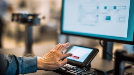 Medium shot of a remote engineer interacting with a computer screen showing part compatibility checks focus on hands and device blurred surroundings.