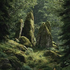Moss-covered rocks emerge from a dense, verdant forest floor