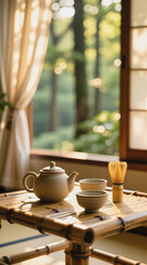 A bamboo tray holds a gray teapot, two small cups, and a bamboo whisk on a windowsill with a view of trees outside.