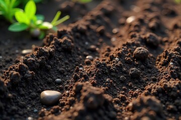 Close-up of rich, dark soil, textured with roots and pebbles, sunlight illuminating the surface Perfect for nature, gardening, and environmental themes , sunlight, detail