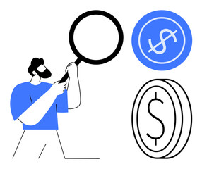 Man holding magnifying glass near dollar icons, representing financial analysis, appraisal, research, savings, business strategy, monetary planning, and investment. Ideal for simple flat metaphor