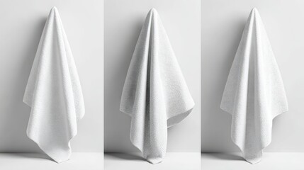 Three white towels hang against a textured white wall, in studio lighting