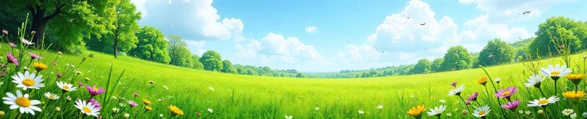 Lush green meadow bursting with wildflowers and vibrant foliage under a clear blue sky  Perfect for nature, spring, environmental, and ecological themes ,  botany,  day,  ecosystem