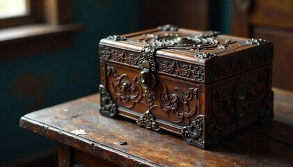 Intriguing antique wooden box, intricately carved, sits on a dusty table, revealing a mysterious glint within A captivating image for mystery novels, escape rooms, or antique shops , vintage, locked