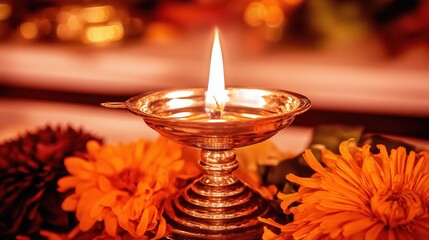 Akhand Jyoti diya flame glowing with marigold flowers for Navratri
