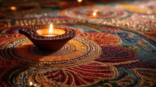 Traditional diya (Oil Lamp) on colorful rangoli for Navratri festival