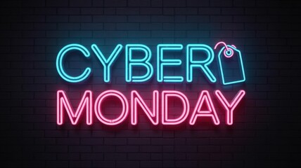Vibrant cyber monday neon sign with a price tag on a dark brick wall, perfect for advertising online shopping discounts and retail sales