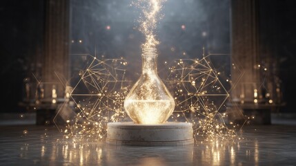 Alchemical still life featuring golden atoms extracted by luminous geometric energy fields, symbolizing transformation.