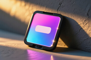 A smartphone with a black case displays a vibrant gradient screen against a textured wall under warm sunlight.