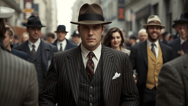 A stern-faced man in a pinstripe suit and fedora leads a group of similarly dressed men and women through a city street, evoking a 1920s gangster era atmosphere.