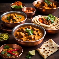 Indian curry served in copper bowls with naan bread and vibrant spices around