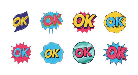 Several vibrant comic stickers displaying the word 'OK' are patterned against a simple .