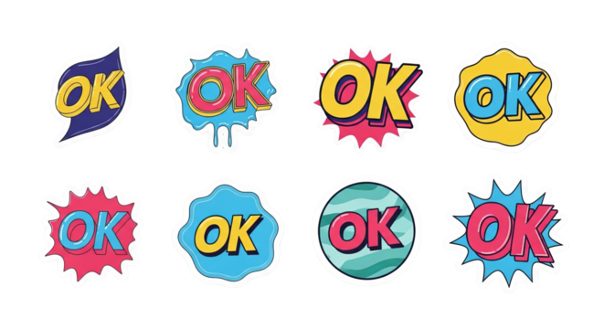 Several vibrant comic stickers displaying the word 'OK' are patterned against a simple . - Powered by Adobe