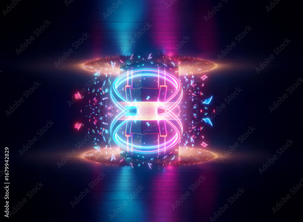 Poster a glowing abstract digital object with pink and blue neon outlines and particles, on a dark backgrou