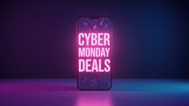 Cyber monday deals glowing on a smartphone screen with neon lights for online shopping and promotion event