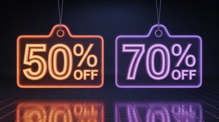 Neon sale tags with 50 and 70 off discounts, perfect for retail promotions and online shopping advertisements