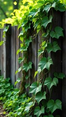 Intricate network of green leaves and twisting vines climbing a rustic fence, bathed in sunlight  A perfect image for nature, botany, or garden themes ,  plant,  green