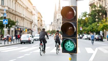 City street scene with cyclists and traffic lights