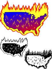 The USA in flames, with two black outline versions