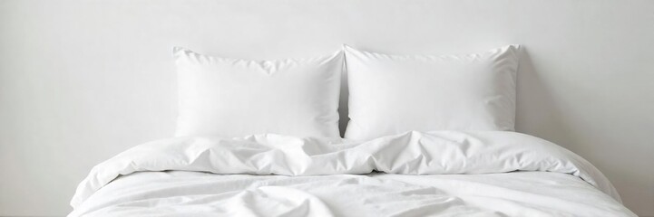 Serene image of a neatly made bed with crisp white sheets and pillows, inviting relaxation and peaceful slumber against a pure white backdrop ,  blank,  calm,  copy space