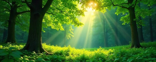 Lush green forest canopy, dappled sunlight filtering through leaves, vibrant green undergrowth, tranquil and serene nature scene , natural, summer, background
