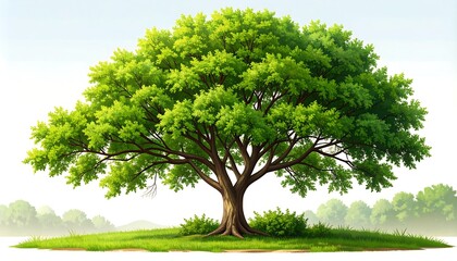 A lush, vibrant illustration depicts a large, healthy tree with a full canopy of fresh green leaves, standing on a grassy knoll amidst a serene, misty landscape.