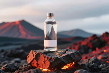 A clear plastic water bottle stands upright on a red rock in a volcanic landscape with mountains in the background.