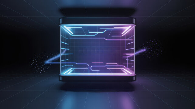Futuristic cube with glowing neon lines and circuit patterns, a modern technology concept for digital interface and virtual reality display