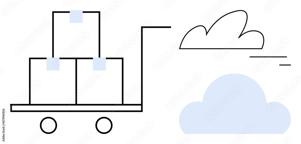 Poster cart carrying stacked boxes alongside subtle cloud and wind lines, combining physical delivery and c