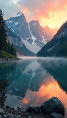 Misty mountain lake reflecting a serene sunrise, untouched nature at its finest Tranquil waters, peaceful landscape, perfect for meditation and relaxation , pure, untouched, idyllic